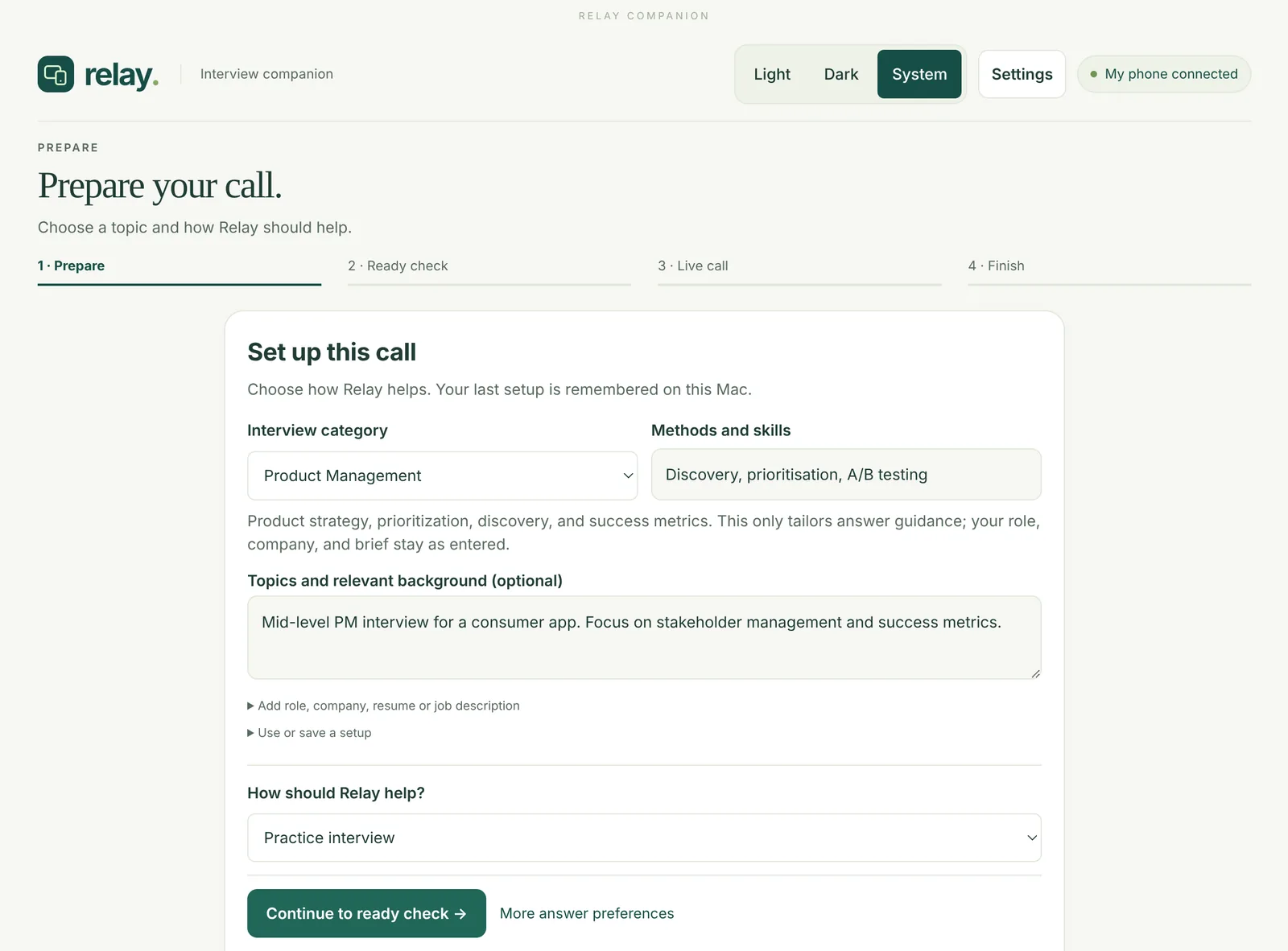 The Relay Mac app’s Prepare screen: Product Management interview, methods and skills, a short brief, and Practice interview selected.